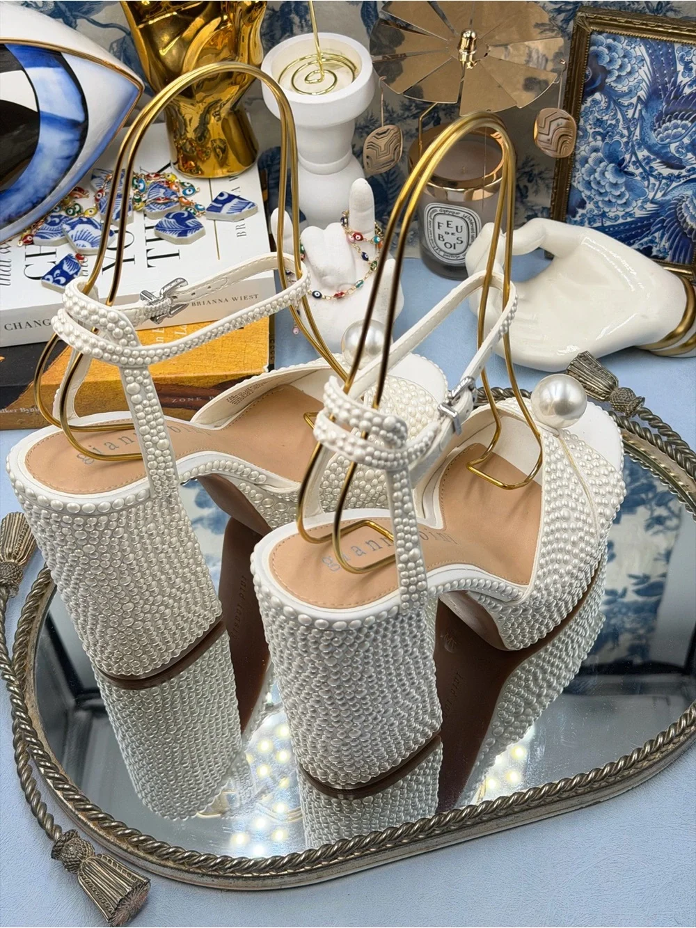 🆕 GIANNI BINI 🧿 NWOB KemaraTwo Embellished Pearl Studded Platform Sandal Sz 7